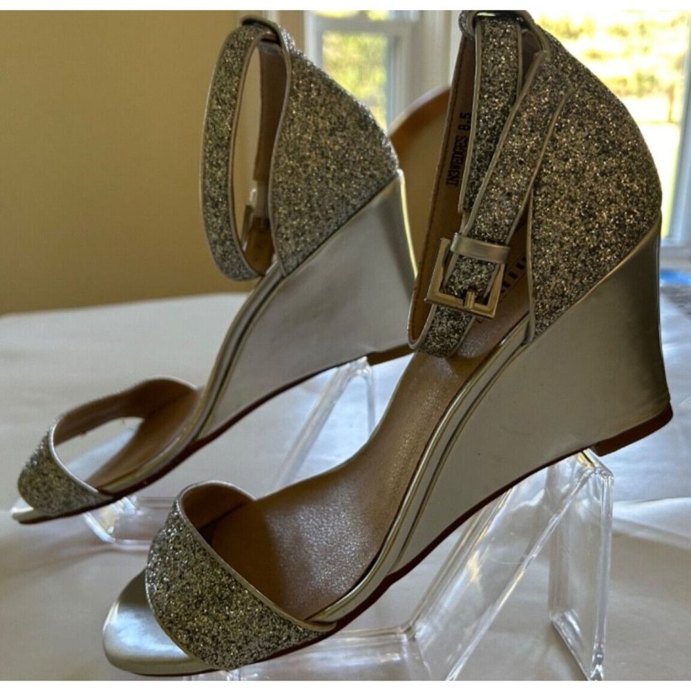 Women's Didifu Silver Sparkle Wedge Shoes Ankle Strap Size 8.5